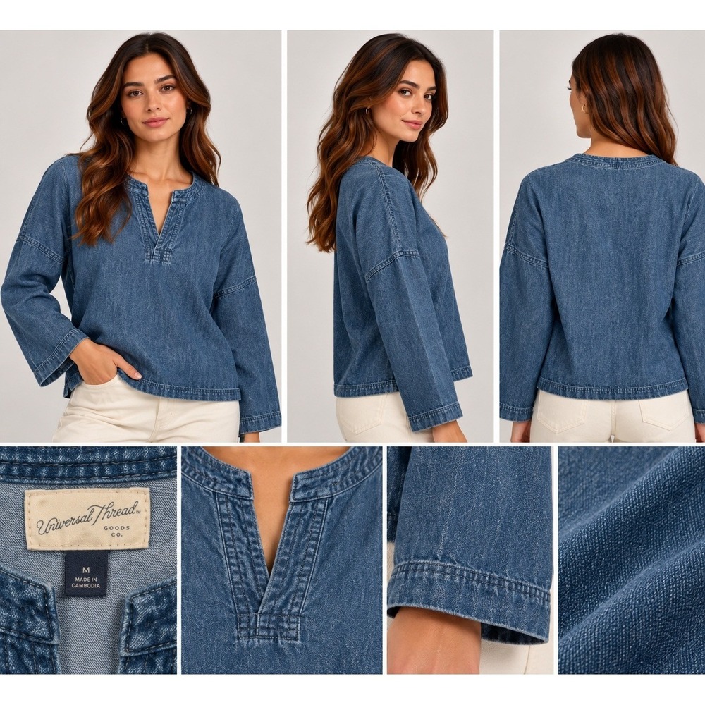 Universal Thread Denim V-Neck Tunic Top Medium Wash Long Sleeve Blouse M